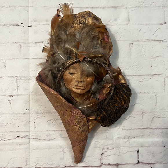 Wall Art Mixed Media Tribal Woman Face Tranquil Feathers Fabric